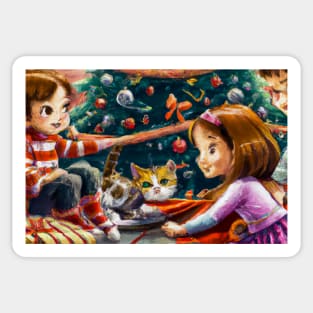 A brother and sister and cat on Christmas morning - Greeting Card Sticker